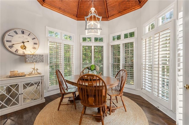4789 Crest Park Ln, Marietta, GA 30068 - dining area with high vaulted ceiling, plenty of natural light, wooden ceiling, crown molding, and a chandelier