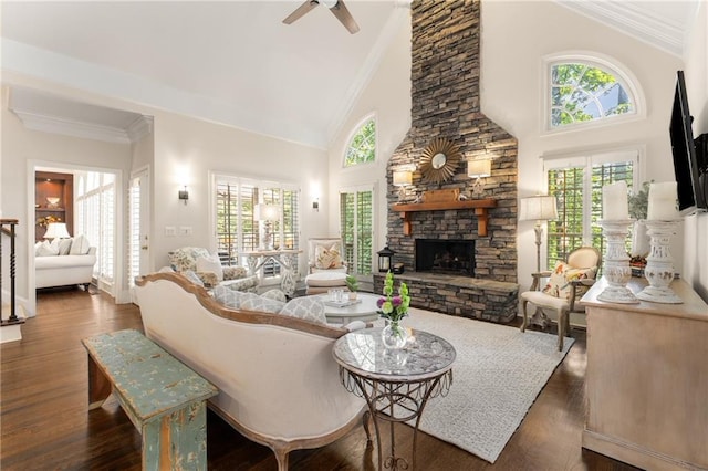 4789 Crest Park Ln, Marietta, GA 30068 - living area with a fireplace, high vaulted ceiling, plenty of natural light, a ceiling fan, and dark wood finished floors