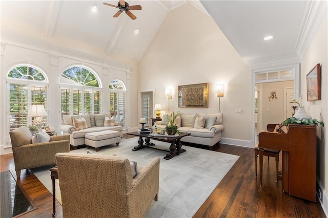 4789 Crest Park Ln, Marietta, GA 30068 - living room featuring high vaulted ceiling, a ceiling fan, dark wood-style flooring, beam ceiling, and recessed lighting