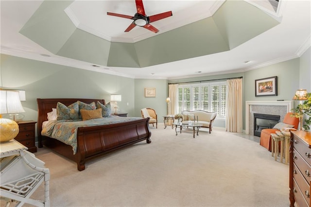 4789 Crest Park Ln, Marietta, GA 30068 - bedroom featuring crown molding, light colored carpet, a fireplace with flush hearth, and a tray ceiling