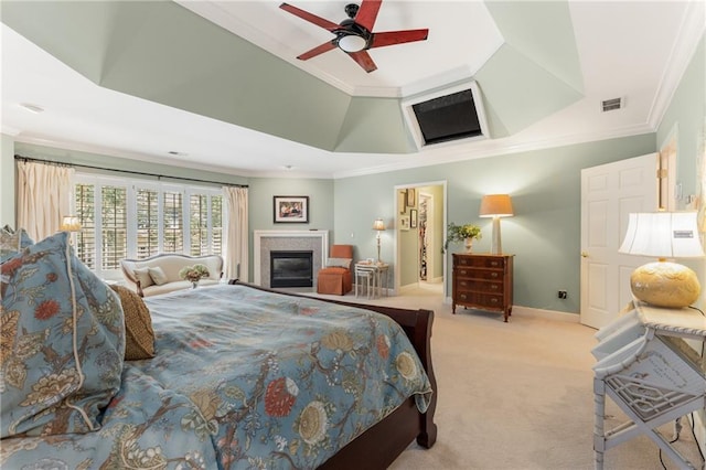 4789 Crest Park Ln, Marietta, GA 30068 - bedroom with crown molding, a glass covered fireplace, carpet floors, a raised ceiling, and a ceiling fan