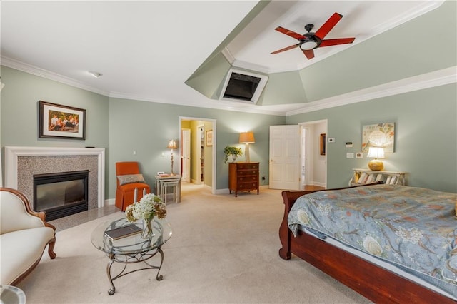4789 Crest Park Ln, Marietta, GA 30068 - bedroom with ornamental molding, a fireplace with flush hearth, carpet flooring, and a ceiling fan