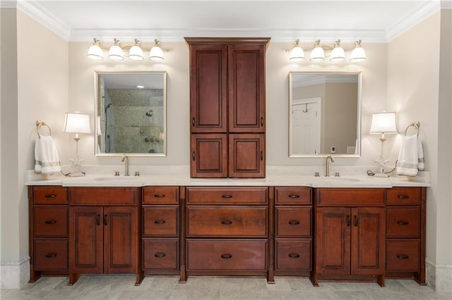 4789 Crest Park Ln, Marietta, GA 30068 - full bath featuring tiled shower, double vanity, and ornamental molding