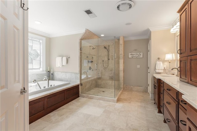 4789 Crest Park Ln, Marietta, GA 30068 - full bath featuring a garden tub, a stall shower, crown molding, and vanity
