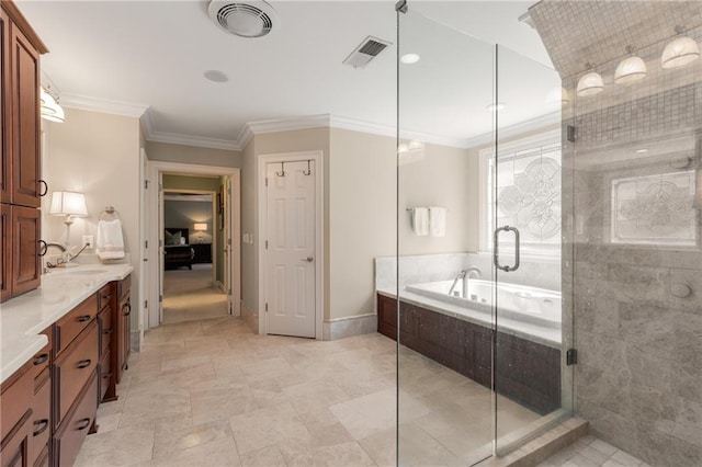 4789 Crest Park Ln, Marietta, GA 30068 - bathroom with a bath, double vanity, ornamental molding, a stall shower, and ensuite bath