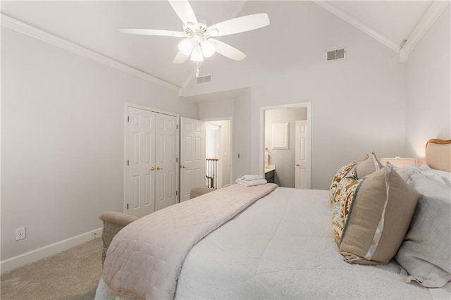 4789 Crest Park Ln, Marietta, GA 30068 - bedroom featuring carpet, crown molding, connected bathroom, ceiling fan, and high vaulted ceiling