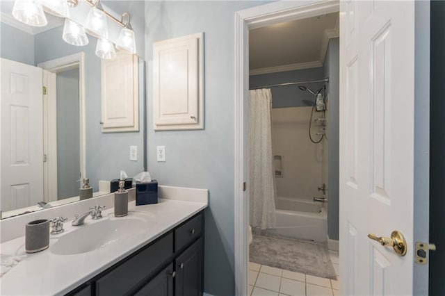 4789 Crest Park Ln, Marietta, GA 30068 - bathroom featuring ornamental molding, vanity, tile patterned flooring, and shower / tub combo with curtain