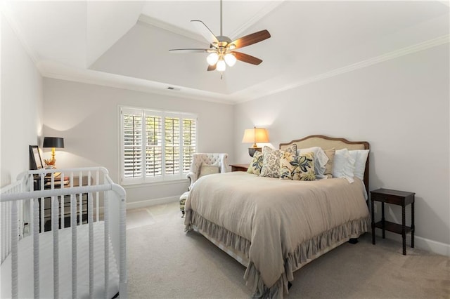 4789 Crest Park Ln, Marietta, GA 30068 - carpeted bedroom featuring a raised ceiling, crown molding, and a ceiling fan