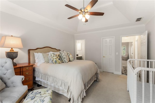 4789 Crest Park Ln, Marietta, GA 30068 - bedroom featuring crown molding, light carpet, a raised ceiling, and a ceiling fan