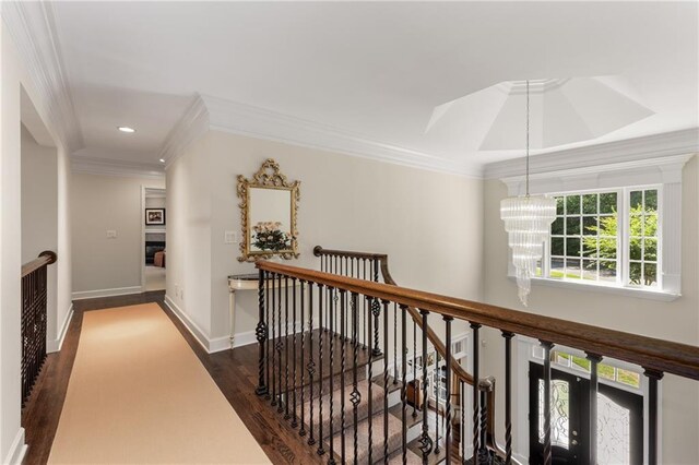 4789 Crest Park Ln, Marietta, GA 30068 - corridor with an upstairs landing, ornamental molding, dark wood finished floors, a chandelier, and recessed lighting