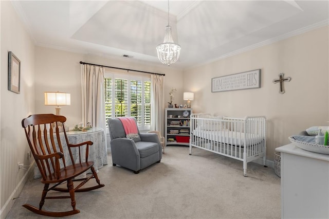 4789 Crest Park Ln, Marietta, GA 30068 - carpeted bedroom featuring a chandelier, ornamental molding, a raised ceiling, and a crib