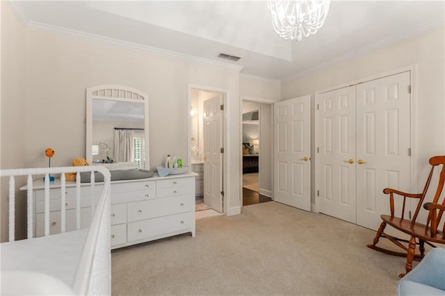 4789 Crest Park Ln, Marietta, GA 30068 - bedroom featuring ornamental molding, light colored carpet, a chandelier, and a closet