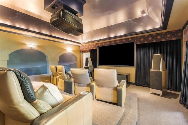 4789 Crest Park Ln, Marietta, GA 30068 - carpeted home theater room featuring a tray ceiling and ornamental molding