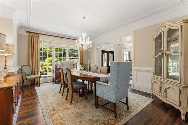 4789 Crest Park Ln, Marietta, GA 30068 - dining room with ornamental molding, dark wood-style floors, a chandelier, french doors, and wainscoting