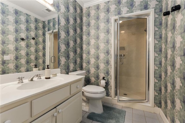 4789 Crest Park Ln, Marietta, GA 30068 - full bathroom with wallpapered walls, tile patterned flooring, vanity, ornamental molding, and a shower stall
