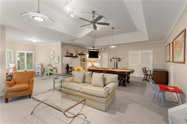 4789 Crest Park Ln, Marietta, GA 30068 - carpeted living room with pool table, a ceiling fan, a raised ceiling, and ornamental molding