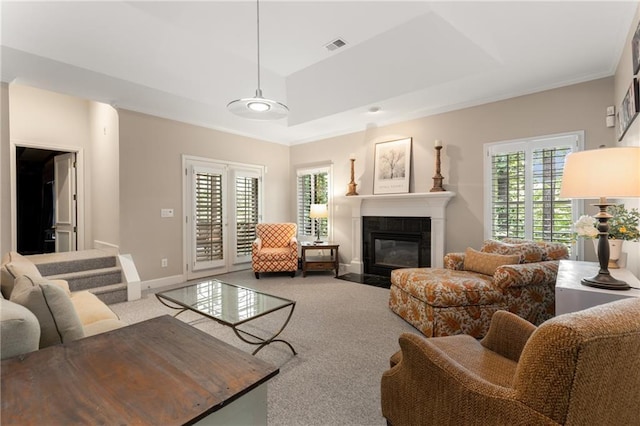 4789 Crest Park Ln, Marietta, GA 30068 - living area with carpet floors, a fireplace, crown molding, and a raised ceiling