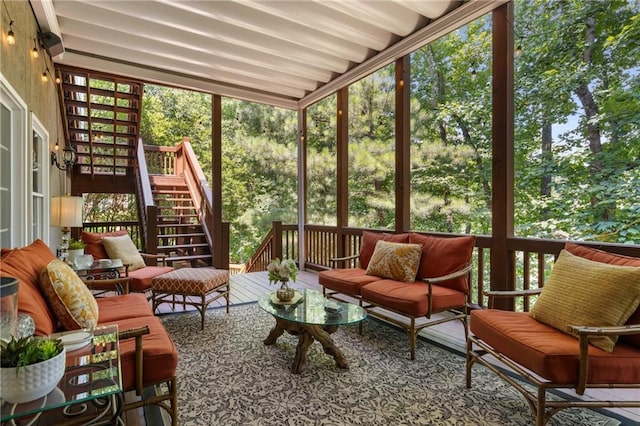 4789 Crest Park Ln, Marietta, GA 30068 - sunroom with outdoor lounge area, a wooden deck, and expansive windows