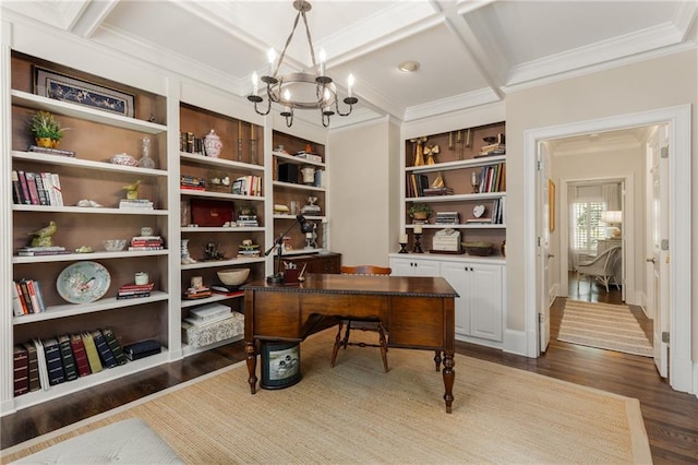 4789 Crest Park Ln, Marietta, GA 30068 - office space featuring crown molding, a chandelier, coffered ceiling, wood finished floors, and beam ceiling