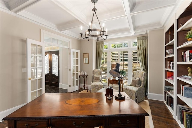 4789 Crest Park Ln, Marietta, GA 30068 - office space featuring french doors, coffered ceiling, a chandelier, beamed ceiling, and dark wood-style floors