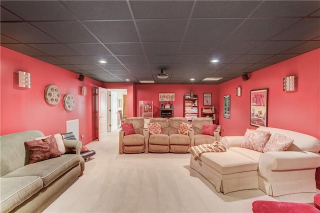 living area featuring carpet flooring and recessed lighting