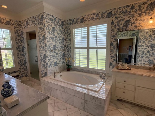 220 Pebble Beach Dr, Eufaula, AL 36027 - bathroom featuring ornamental molding, vanity, plenty of natural light, a bath, and wallpapered walls