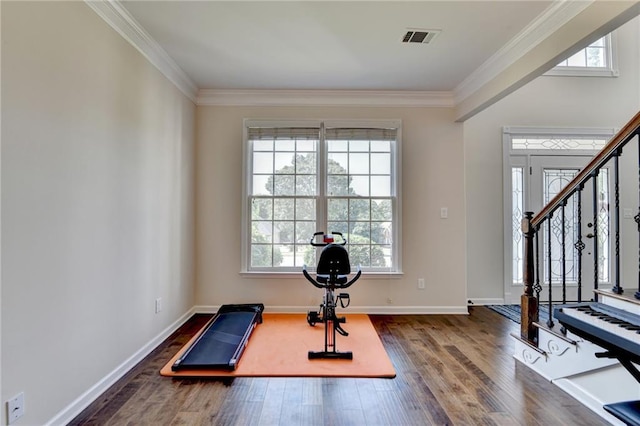 189 Azalea Chase Dr, Suwanee, GA 30024 - exercise area featuring wood finished floors, healthy amount of natural light, and crown molding
