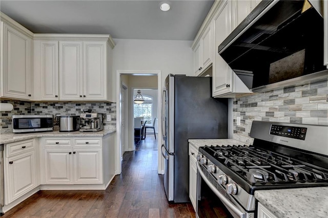 189 Azalea Chase Dr, Suwanee, GA 30024 - kitchen featuring appliances with stainless steel finishes, ventilation hood, white cabinets, decorative backsplash, and dark wood-style floors