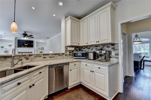 189 Azalea Chase Dr, Suwanee, GA 30024 - kitchen featuring stainless steel appliances, dark wood-style flooring, decorative backsplash, ceiling fan, and light stone counters