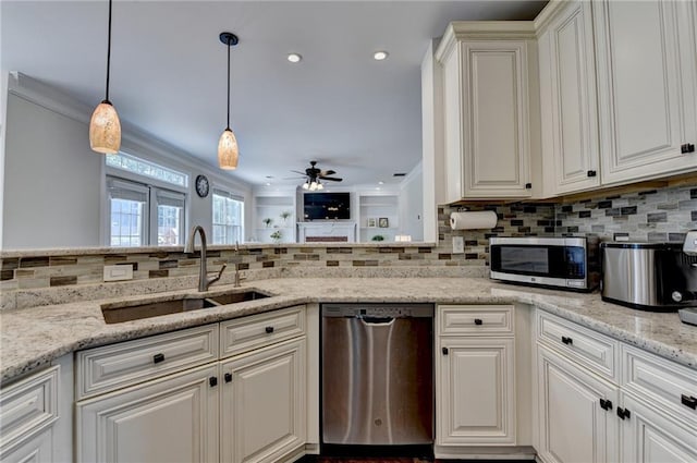 189 Azalea Chase Dr, Suwanee, GA 30024 - kitchen with appliances with stainless steel finishes, ceiling fan, decorative backsplash, white cabinetry, and recessed lighting