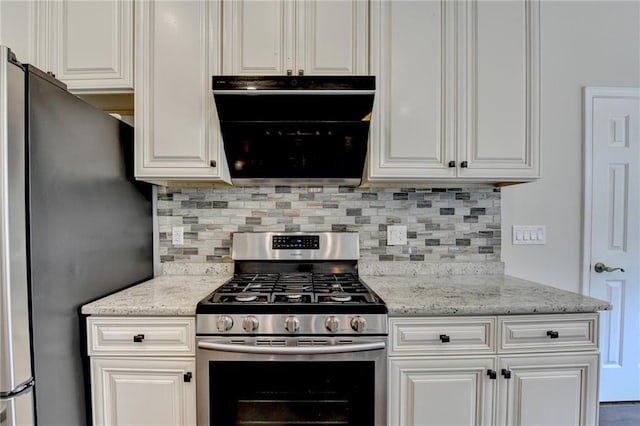189 Azalea Chase Dr, Suwanee, GA 30024 - kitchen featuring appliances with stainless steel finishes, extractor fan, decorative backsplash, white cabinets, and light stone countertops