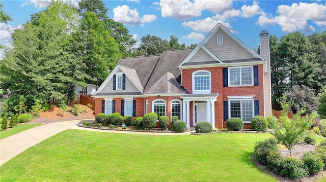 189 Azalea Chase Dr, Suwanee, GA 30024 - traditional-style house featuring brick siding, a chimney, and roof with shingles
