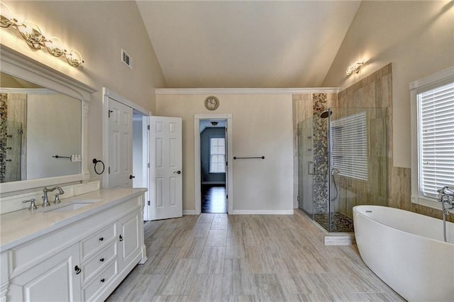 189 Azalea Chase Dr, Suwanee, GA 30024 - full bathroom with vanity, a shower stall, a freestanding tub, healthy amount of natural light, and high vaulted ceiling