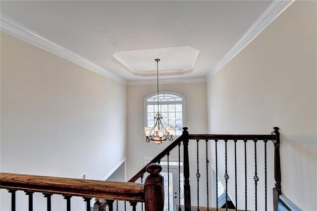 189 Azalea Chase Dr, Suwanee, GA 30024 - stairs with a chandelier, ornamental molding, and a raised ceiling