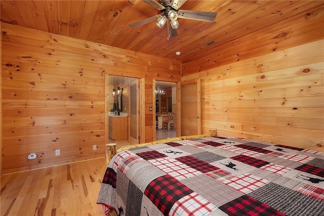 bedroom with light wood-type flooring, wooden ceiling, and wooden walls