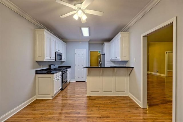 521 Crabapple Rd, Clarkesville, GA 30523 - kitchen with appliances with stainless steel finishes, ceiling fan, dark countertops, light wood-type flooring, and crown molding