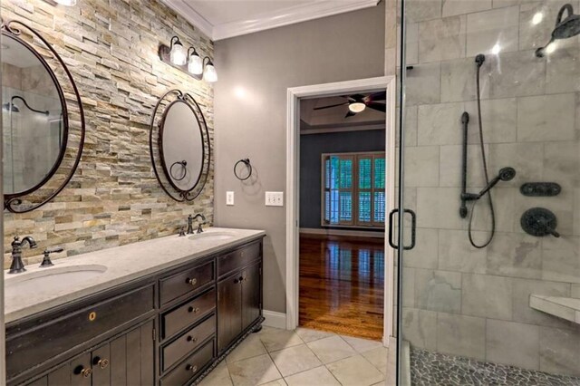 521 Crabapple Rd, Clarkesville, GA 30523 - full bath with crown molding, double vanity, a stall shower, tile patterned floors, and ceiling fan