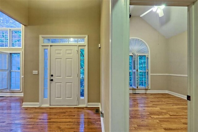 521 Crabapple Rd, Clarkesville, GA 30523 - entrance foyer with wood finished floors, ceiling fan, baseboards, and lofted ceiling