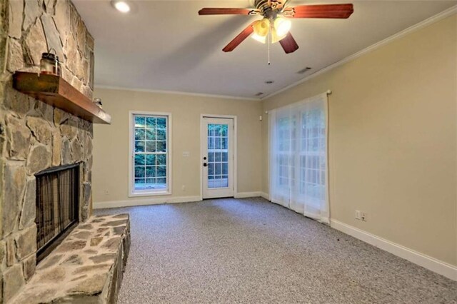 521 Crabapple Rd, Clarkesville, GA 30523 - unfurnished living room featuring carpet flooring, crown molding, baseboards, a fireplace, and ceiling fan
