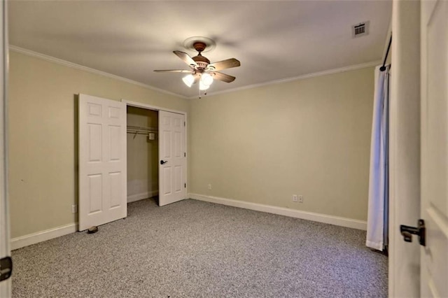 521 Crabapple Rd, Clarkesville, GA 30523 - unfurnished bedroom with carpet, ornamental molding, baseboards, ceiling fan, and a closet