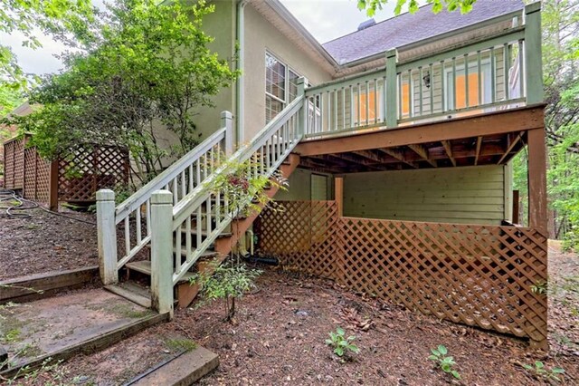 521 Crabapple Rd, Clarkesville, GA 30523 - back of property featuring stairway, a deck, and a shingled roof