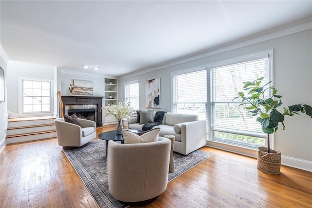 living area with ornamental molding and a healthy amount of sunlight