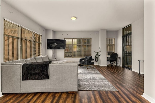 living room featuring dark wood-type flooring