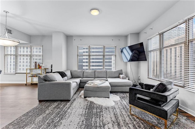 living room with plenty of natural light and dark hardwood / wood-style flooring