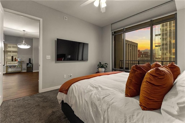 bedroom featuring carpet, access to outside, and ceiling fan