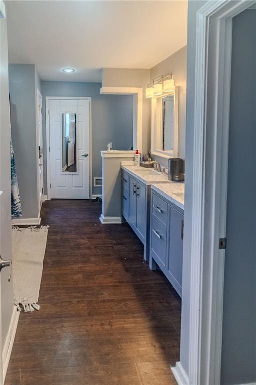 bathroom with vanity and wood-type flooring