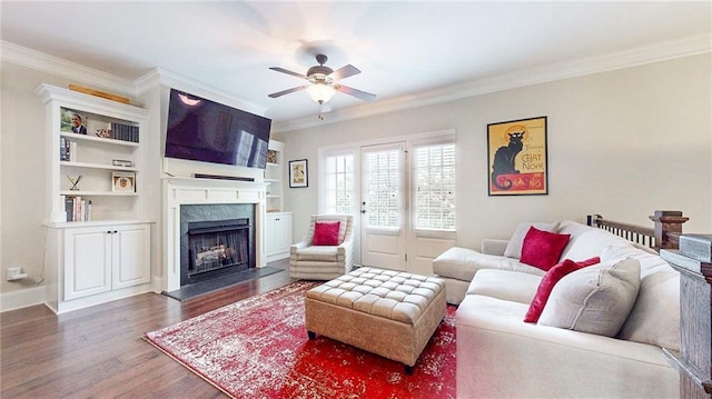 1263 Linden Ct NE, Atlanta, GA 30329 - living area featuring ornamental molding, a fireplace, dark wood finished floors, and ceiling fan