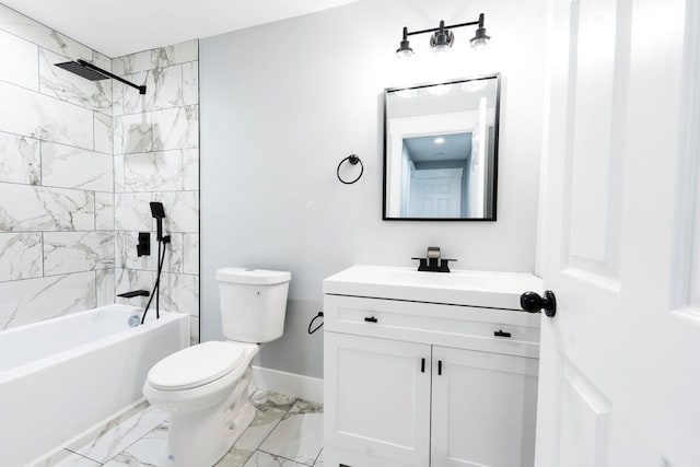 full bathroom featuring vanity, baseboards, toilet, marble finish floor, and shower / bathtub combination