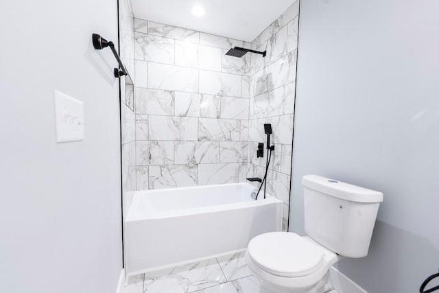 full bathroom featuring baseboards, toilet, marble finish floor, and shower / washtub combination