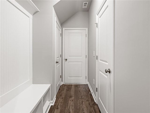 mudroom with lofted ceiling and dark hardwood / wood-style floors